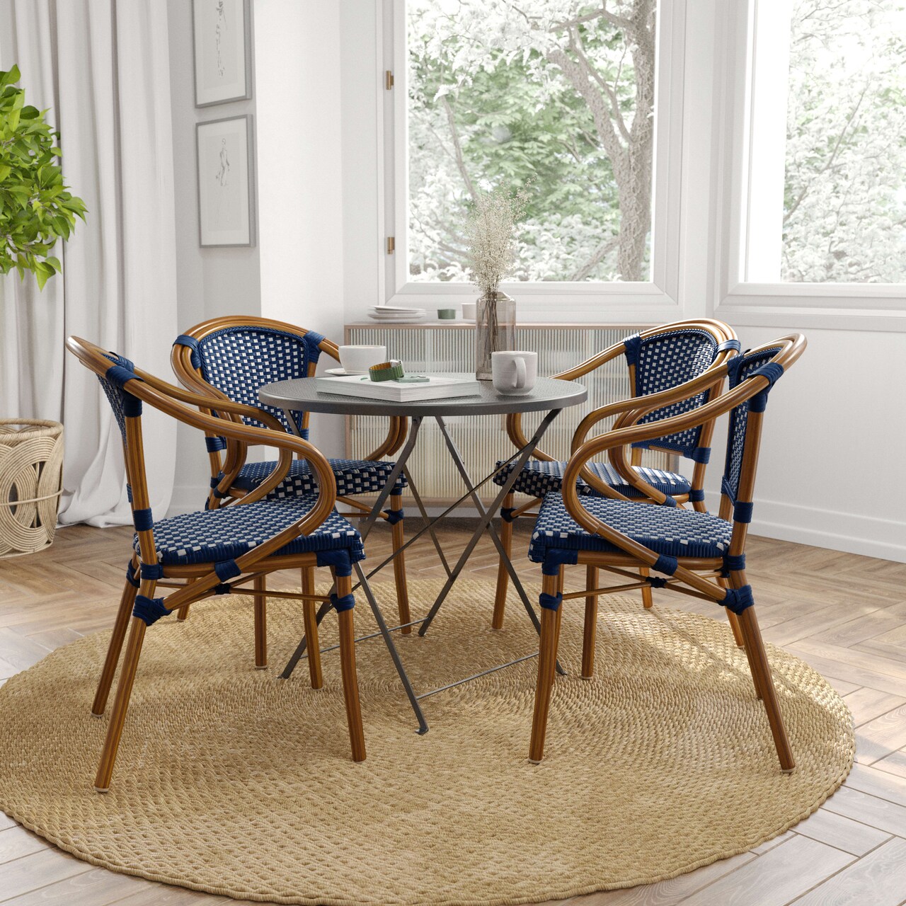 Merrick Lane Sacha Set of Four Stacking Thonet Bistro Style Chair with Arms, PE Rattan Seat, and Bamboo Metal Frame for Indoor/Outdoor Use